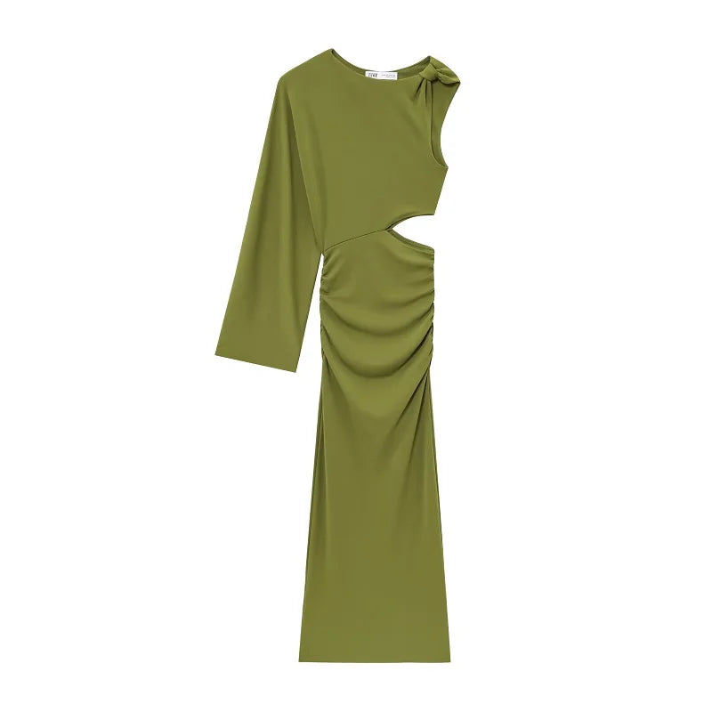 MUJER Green Draped Long Dress Women Asymmetric Cut out Midi Dress Woman Sexy Evening Dresses for Women One Sleeve Night Dresses