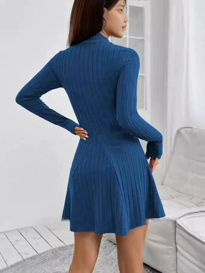 Women's slim fit half high collar waist cinched A-line skirt long sleeved pit stripe dress