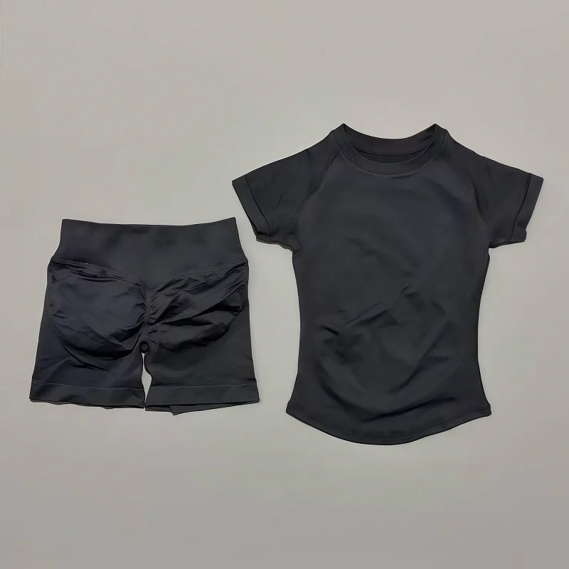 2 Pieces Impact Sports Sets Short Sleeve Seamless Yoga Top Fitness Set Women Workout Running Sports Shorts Gym Suit