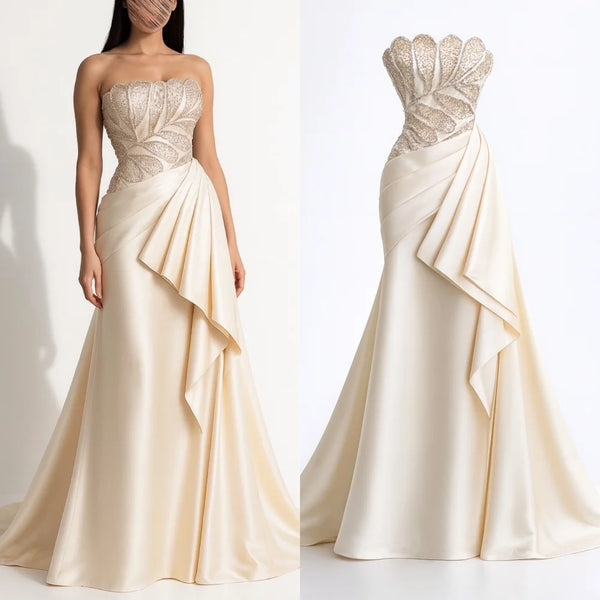 Customized Intricate Matching Pleat Ruched Draped Mermaid Sequined Mermaid Strapless Long Dresses Evening Dresses High Quality