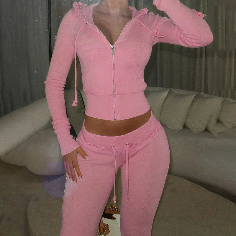 Autumn Winter Fashion Street Women Two-piece Casual Solid Color Zipper Cardigan Slim Hoodie With Bodybuilding Pants Sports Suit