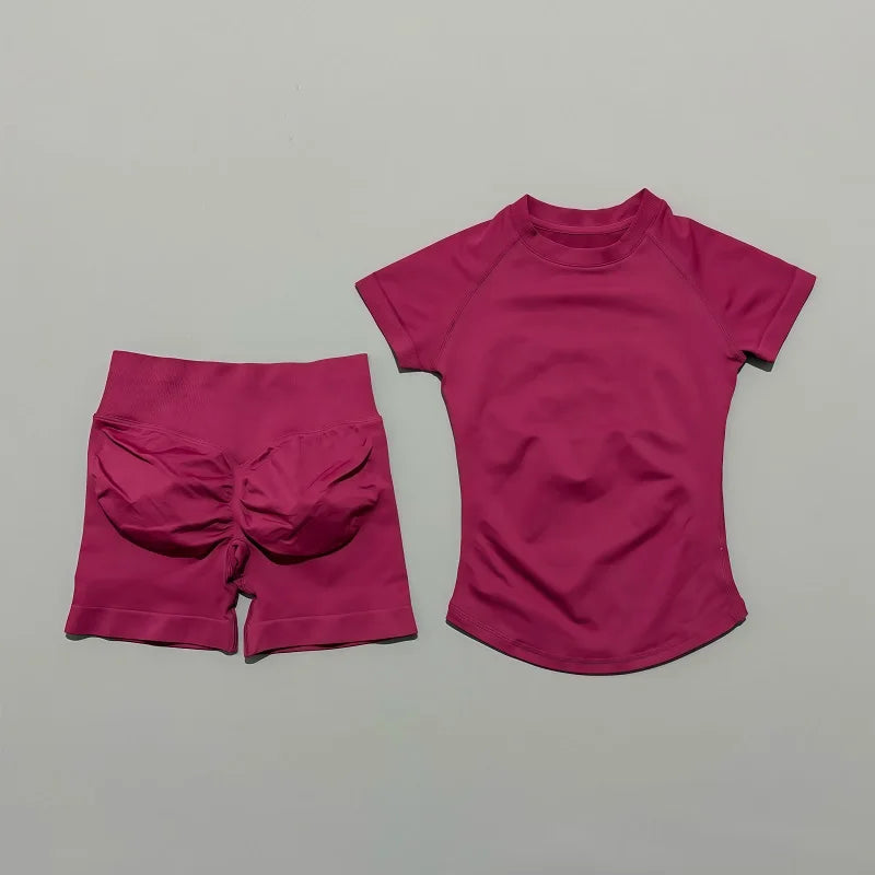 2 Pieces Impact Sports Sets Short Sleeve Seamless Yoga Top Fitness Set Women Workout Running Sports Shorts Gym Suit