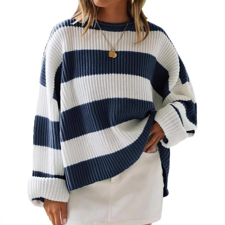 Knitted Sweater For Women 2025 Fashion Autumn And Winter O-Neck Long Sleeve Striped Sweater Loose Fit Comfortable Casual Style