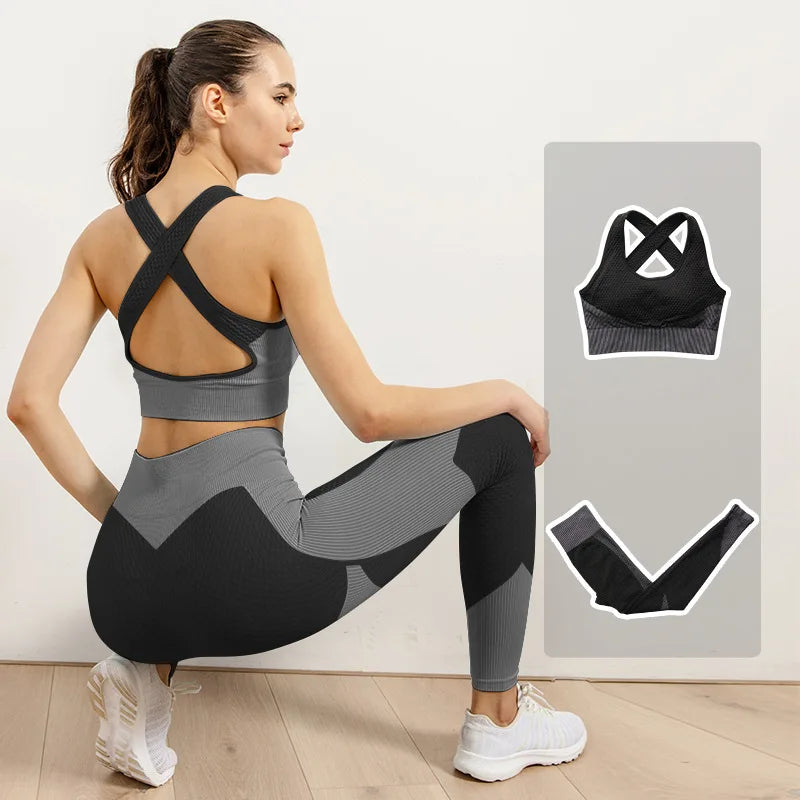 2/3pcs Woman Fitness Sports Yoga Set  Long Sleeves Zipper Jacket Cross Back Bra High Waisted GYM Stretch Leggings Workout Sets