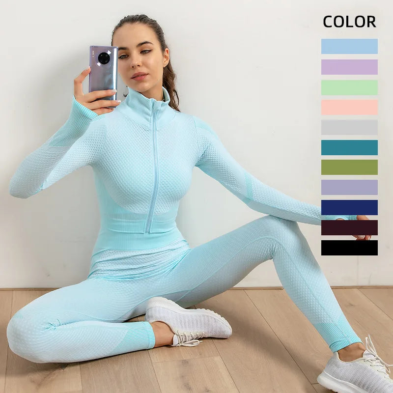 2/3pcs Woman Fitness Sports Yoga Set  Long Sleeves Zipper Jacket Cross Back Bra High Waisted GYM Stretch Leggings Workout Sets