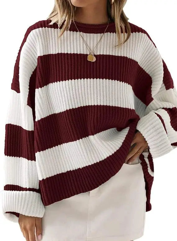 Knitted Sweater For Women 2025 Fashion Autumn And Winter O-Neck Long Sleeve Striped Sweater Loose Fit Comfortable Casual Style