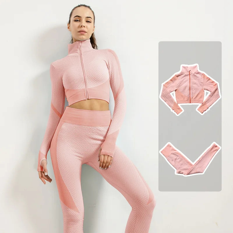 2/3pcs Woman Fitness Sports Yoga Set  Long Sleeves Zipper Jacket Cross Back Bra High Waisted GYM Stretch Leggings Workout Sets