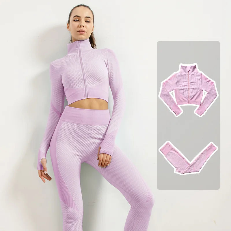 2/3pcs Woman Fitness Sports Yoga Set  Long Sleeves Zipper Jacket Cross Back Bra High Waisted GYM Stretch Leggings Workout Sets