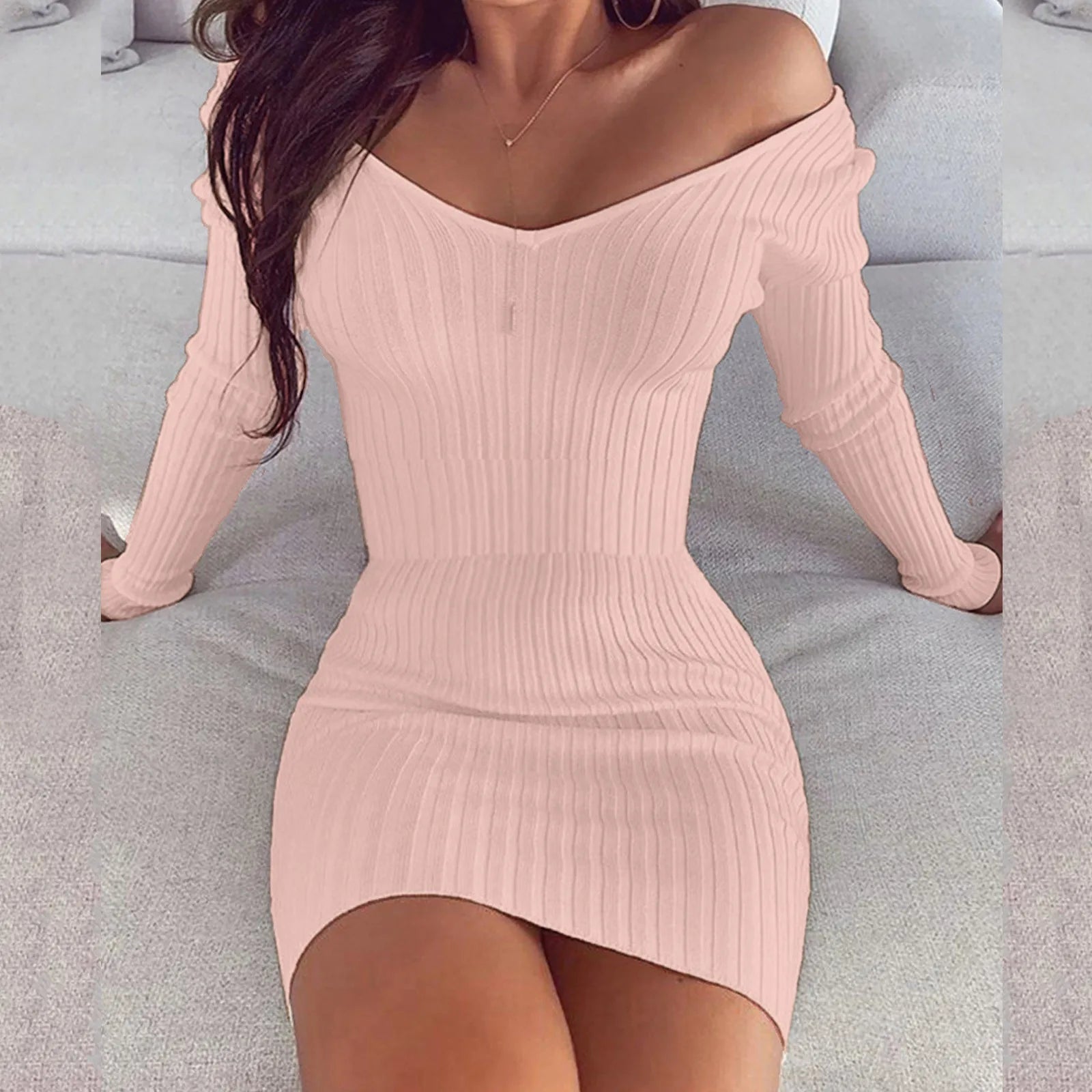 Slim Knitted Dress for Women Solid Color V Neck Long Sleeve Stretchy Short Bodycon Dress Autumn Winter Casual Short Dress