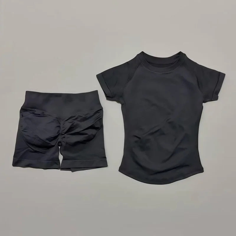 2 Pieces Impact Sports Sets Short Sleeve Seamless Yoga Top Fitness Set Women Workout Running Sports Shorts Gym Suit
