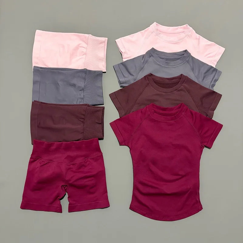 2 Pieces Impact Sports Sets Short Sleeve Seamless Yoga Top Fitness Set Women Workout Running Sports Shorts Gym Suit