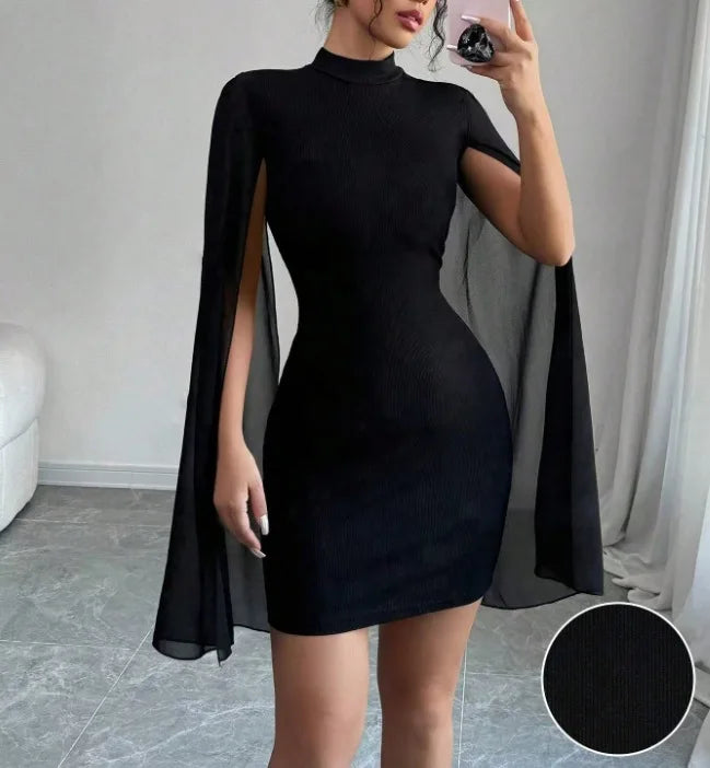 2025 Cross border European and American Women's Round Neck Pit Bar Pearl Chiffon Cloak Wrapped Hip Dress for Women