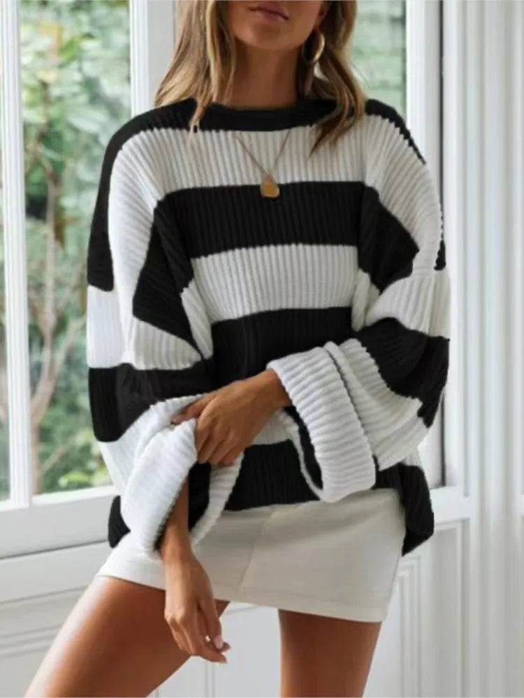 Knitted Sweater For Women 2025 Fashion Autumn And Winter O-Neck Long Sleeve Striped Sweater Loose Fit Comfortable Casual Style