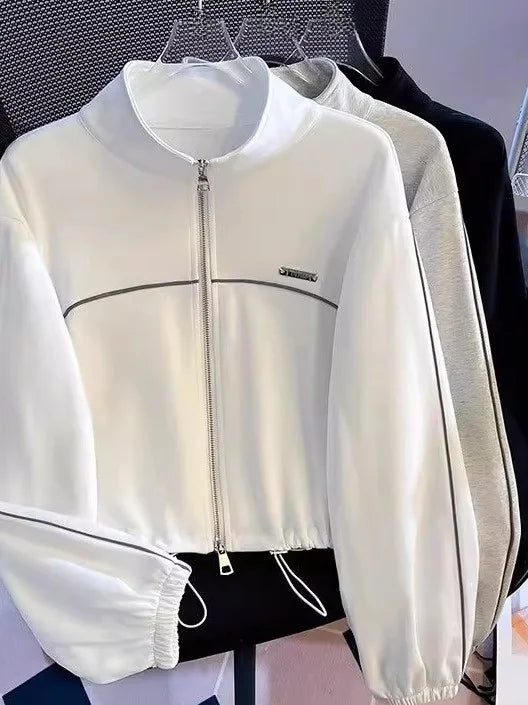 American Sle ort Zipper Hoodie Jaet Women Early Autumn Stand Collar Long Sve Double Headed Zipper Open Cardigan Eleg...