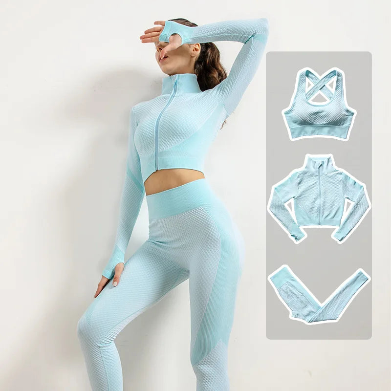 2/3pcs Woman Fitness Sports Yoga Set  Long Sleeves Zipper Jacket Cross Back Bra High Waisted GYM Stretch Leggings Workout Sets