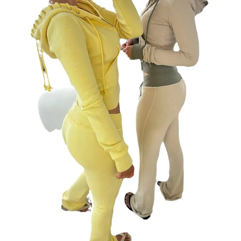 Autumn Winter Fashion Street Women Two-piece Casual Solid Color Zipper Cardigan Slim Hoodie With Bodybuilding Pants Sports Suit