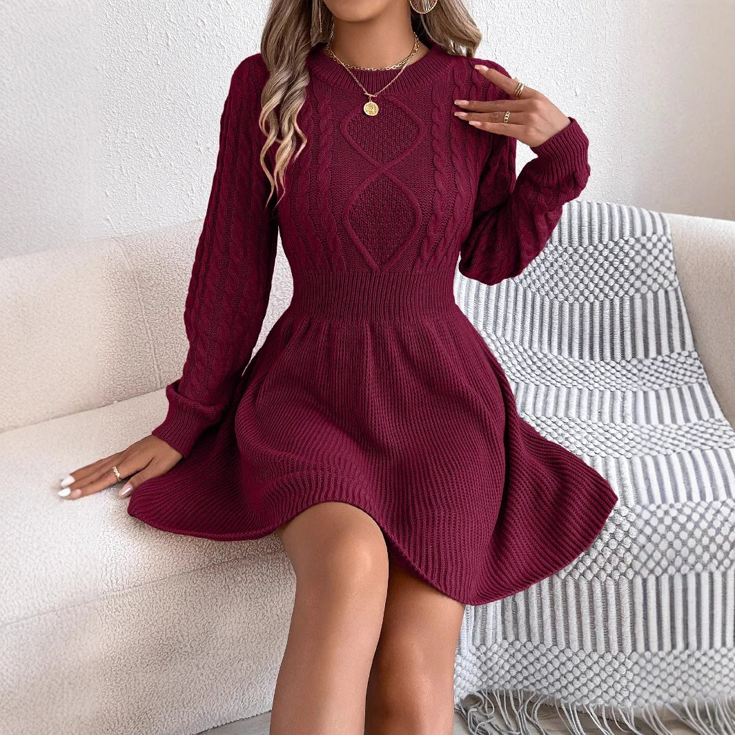 2025 New Women's Cable Knit Sweater Dress A-Line Belted Bubble Sleeve Dress Winter Tight Waist Dress