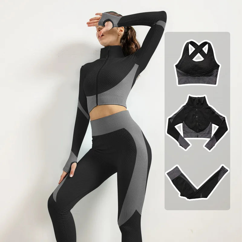 2/3pcs Woman Fitness Sports Yoga Set  Long Sleeves Zipper Jacket Cross Back Bra High Waisted GYM Stretch Leggings Workout Sets
