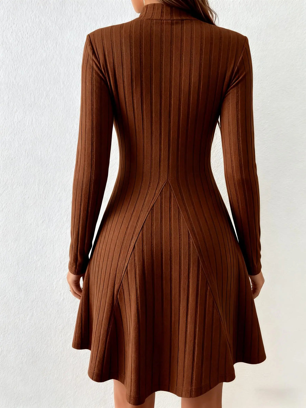 Women's slim fit half high collar waist cinched A-line skirt long sleeved pit stripe dress