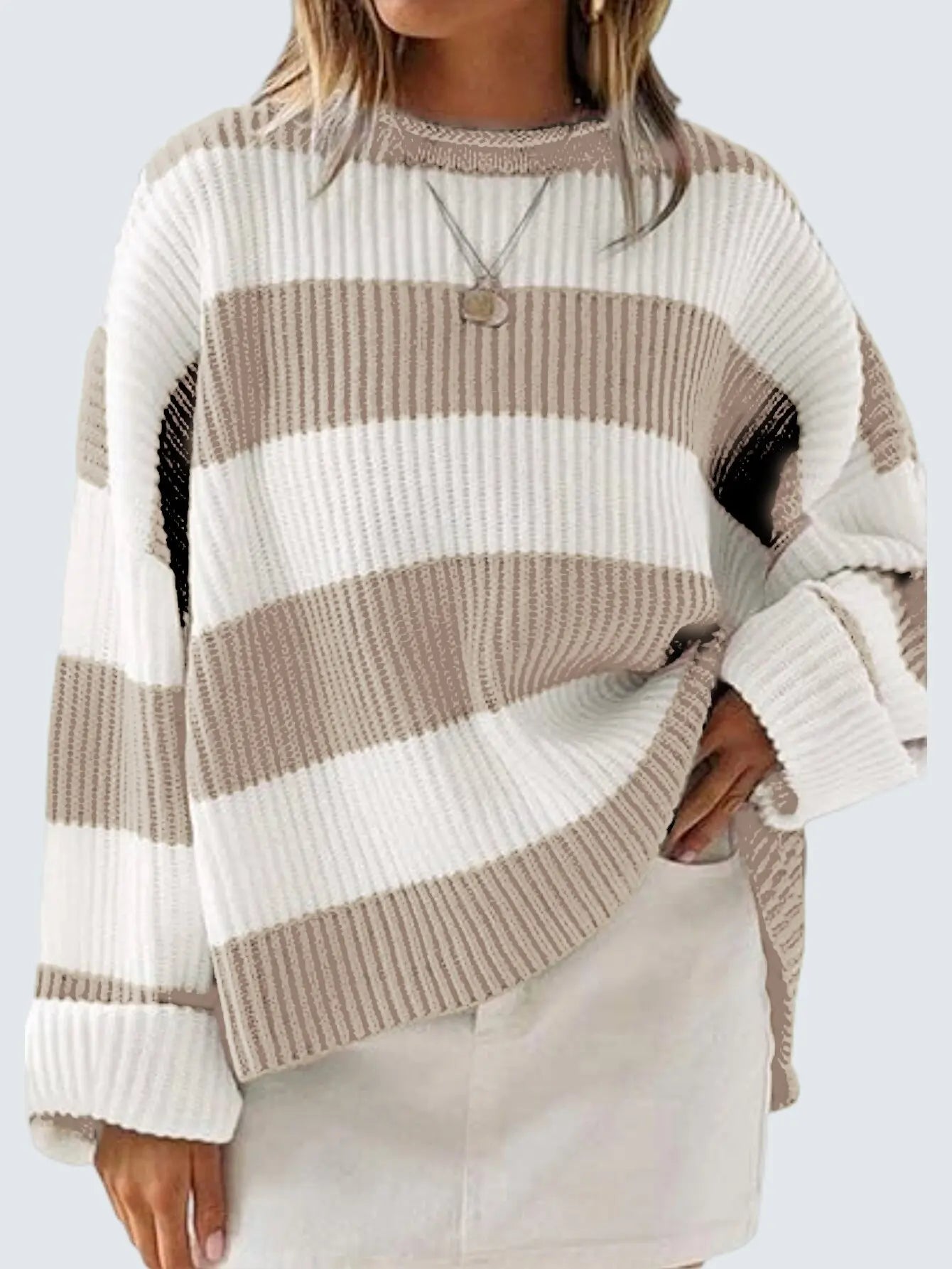 Knitted Sweater For Women 2025 Fashion Autumn And Winter O-Neck Long Sleeve Striped Sweater Loose Fit Comfortable Casual Style