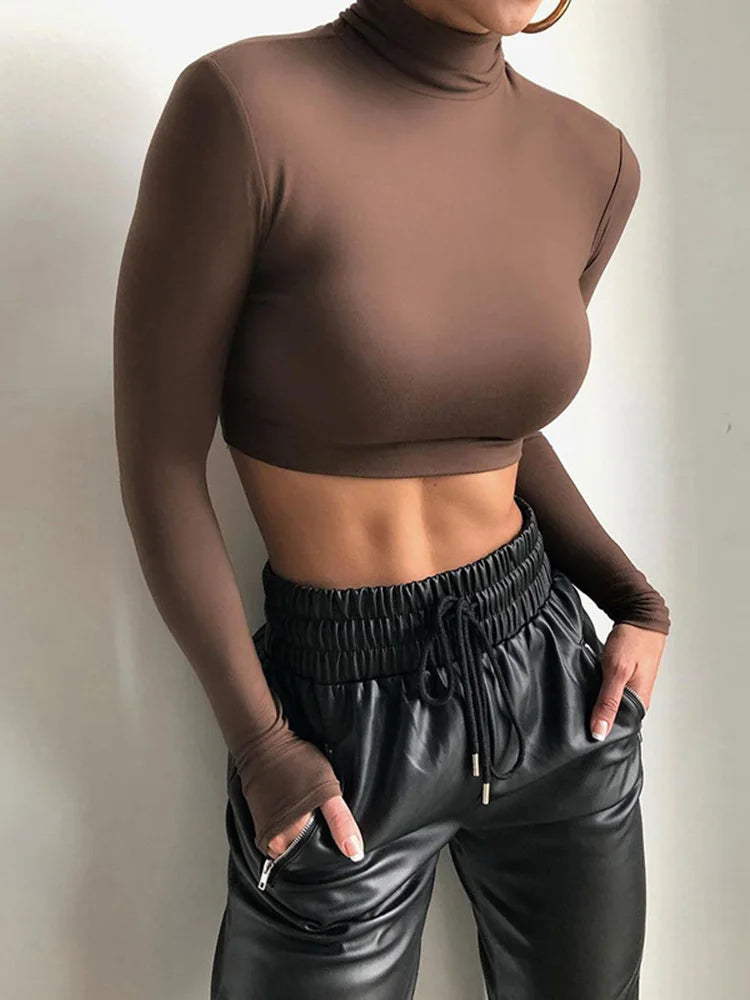 Basic Sheath Women Solid Turtleneck Tshirt Autumn Stretch Casual Undershirt Female All-match Street Activity Crop Tops