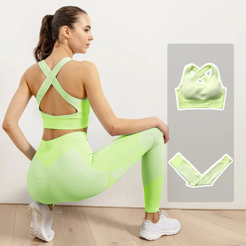 2/3pcs Woman Fitness Sports Yoga Set  Long Sleeves Zipper Jacket Cross Back Bra High Waisted GYM Stretch Leggings Workout Sets
