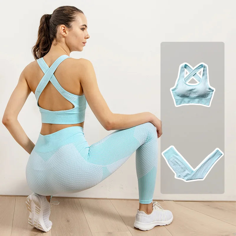2/3pcs Woman Fitness Sports Yoga Set  Long Sleeves Zipper Jacket Cross Back Bra High Waisted GYM Stretch Leggings Workout Sets