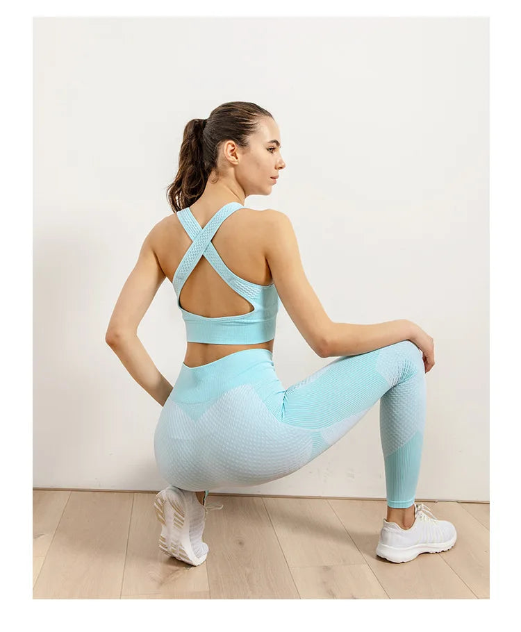 2/3pcs Woman Fitness Sports Yoga Set  Long Sleeves Zipper Jacket Cross Back Bra High Waisted GYM Stretch Leggings Workout Sets