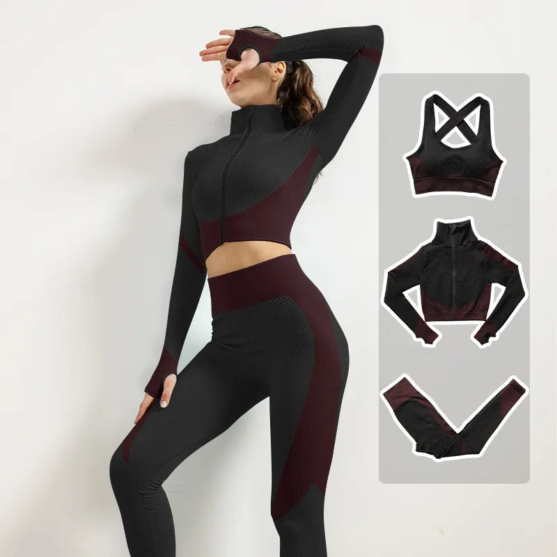 2/3pcs Woman Fitness Sports Yoga Set  Long Sleeves Zipper Jacket Cross Back Bra High Waisted GYM Stretch Leggings Workout Sets