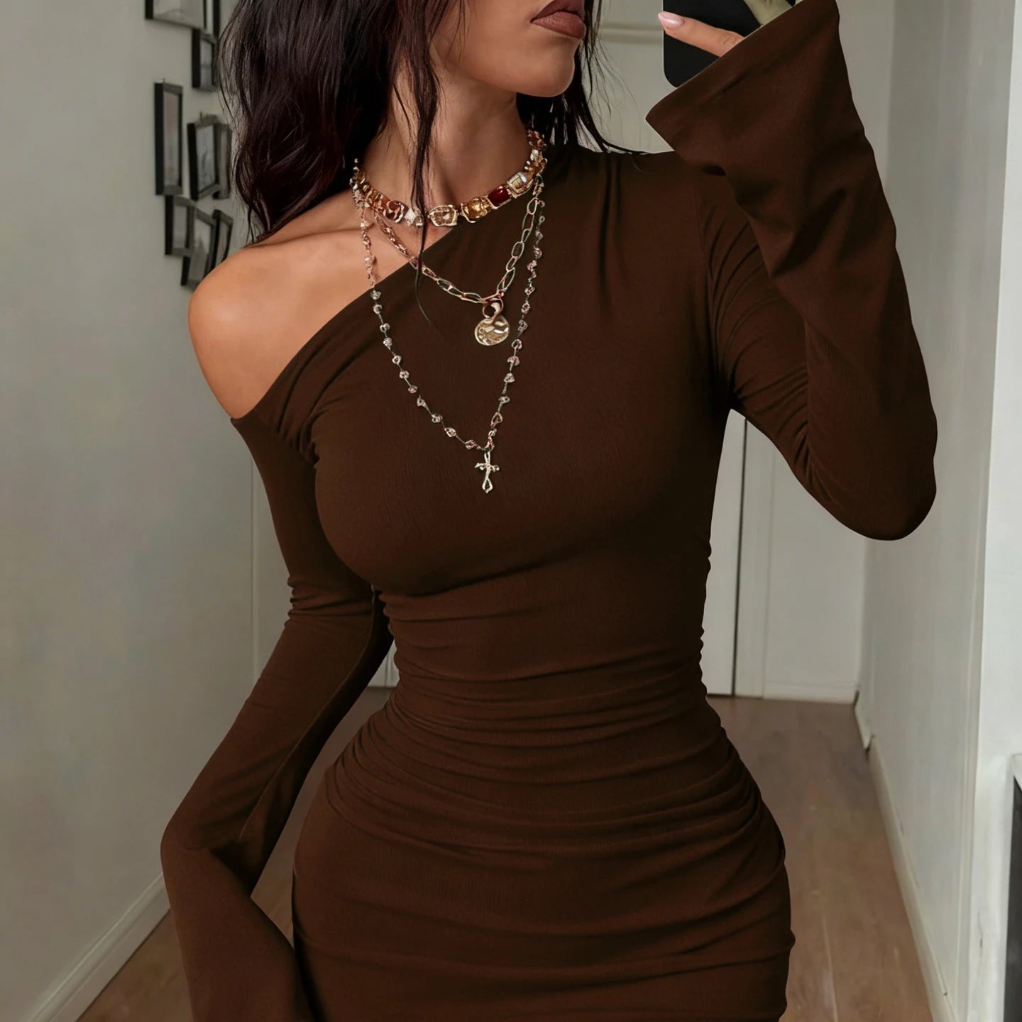 Dulzura Inclined Shoulder Long Sleeve Ruched Slim Irregular Mini Dress Women'S Solid Sexy Casual Dress Party Club Autumn Clothes