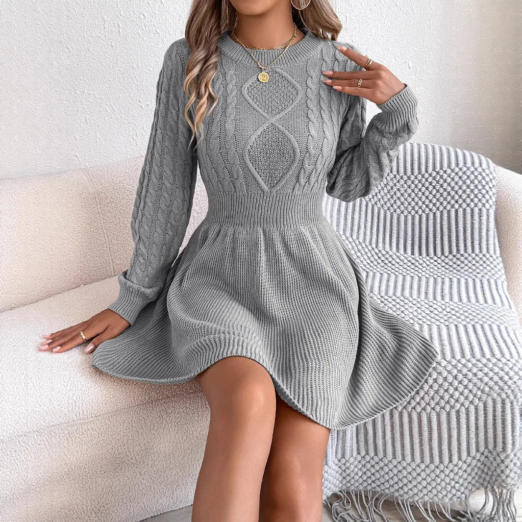 2025 New Women's Cable Knit Sweater Dress A-Line Belted Bubble Sleeve Dress Winter Tight Waist Dress