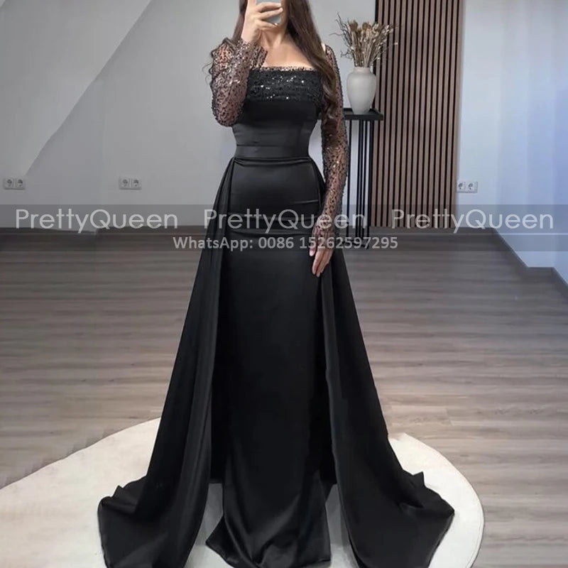 Customized Square Neck Mother of the Bride Dresses Sequins Sheer Long Sleeves Mermaid Waistline Cap Prom Dress