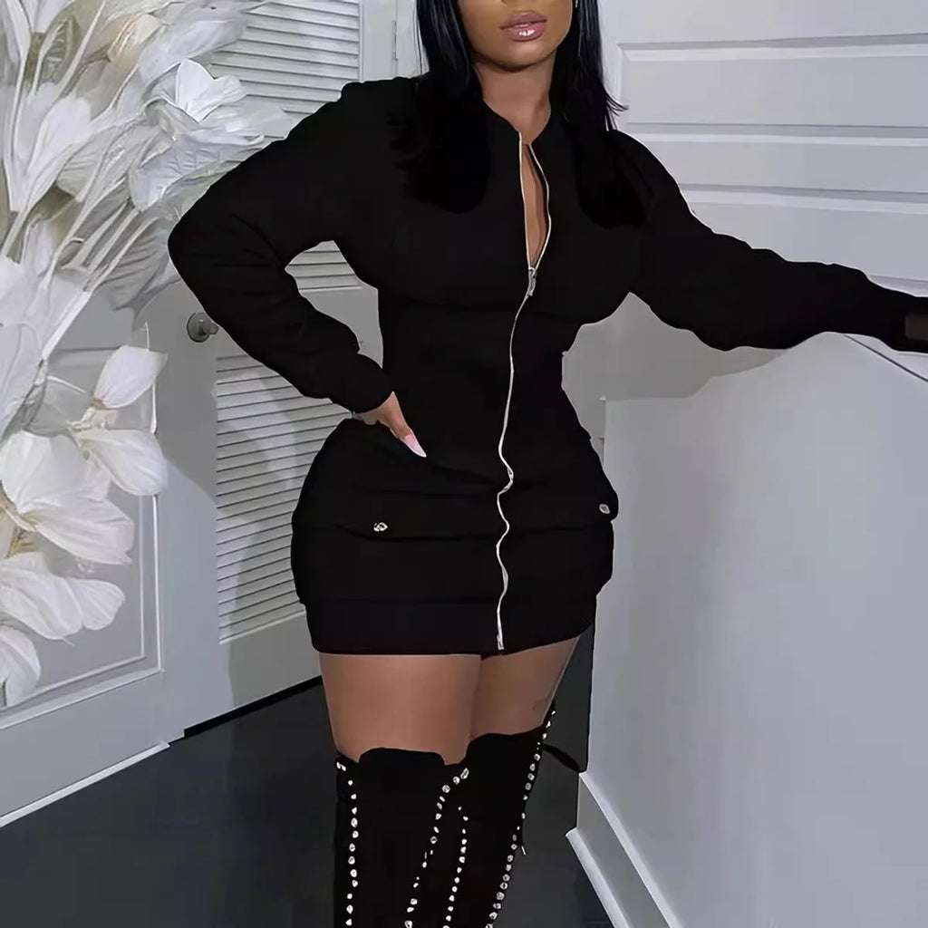 Fashion Long Sleeve Zipper Black Mini Dress Women 2025 Autumn Winter Sexy Bodycon Dresses For Women Robe Femme