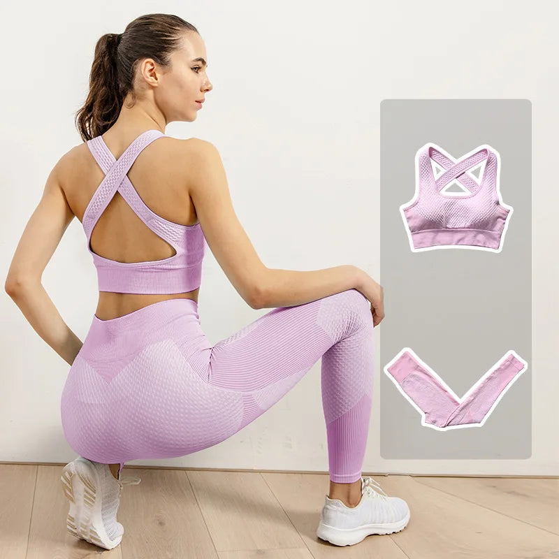 2/3pcs Woman Fitness Sports Yoga Set  Long Sleeves Zipper Jacket Cross Back Bra High Waisted GYM Stretch Leggings Workout Sets