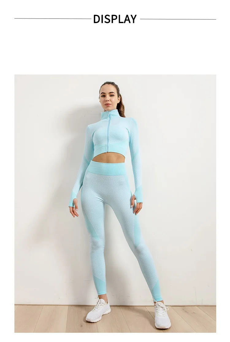 2/3pcs Woman Fitness Sports Yoga Set  Long Sleeves Zipper Jacket Cross Back Bra High Waisted GYM Stretch Leggings Workout Sets