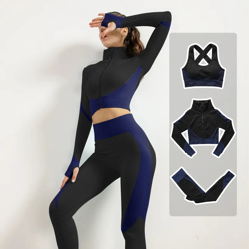 2/3pcs Woman Fitness Sports Yoga Set  Long Sleeves Zipper Jacket Cross Back Bra High Waisted GYM Stretch Leggings Workout Sets