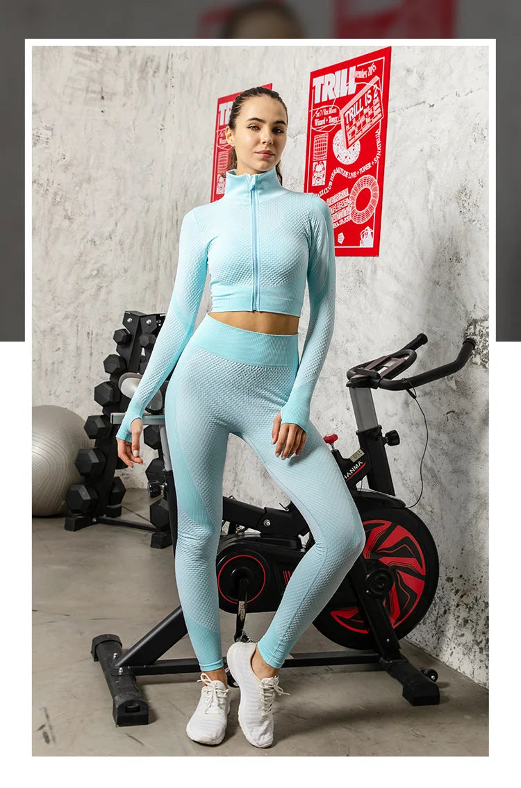 2/3pcs Woman Fitness Sports Yoga Set  Long Sleeves Zipper Jacket Cross Back Bra High Waisted GYM Stretch Leggings Workout Sets
