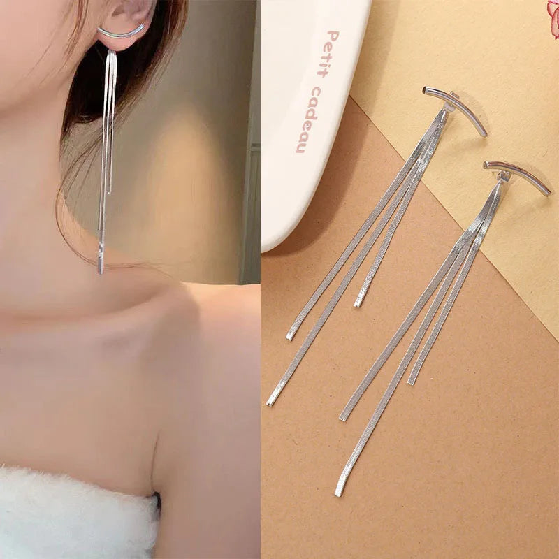 925 Silver Needle Korean Fashion Long Chain Tassel Earrings For Women Metal Earing Jewelry 2026 Trending Women's Drop Earrings