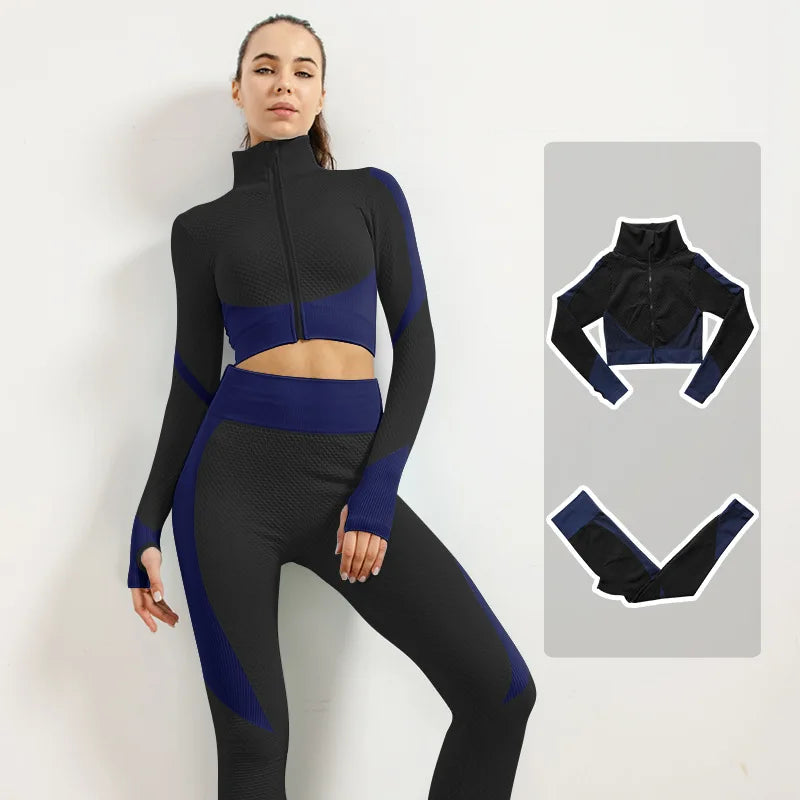 2/3pcs Woman Fitness Sports Yoga Set  Long Sleeves Zipper Jacket Cross Back Bra High Waisted GYM Stretch Leggings Workout Sets