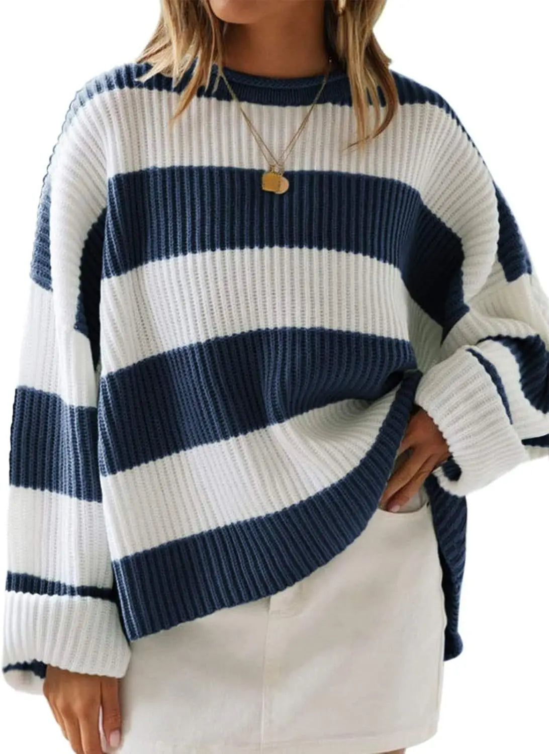 Knitted Sweater For Women 2025 Fashion Autumn And Winter O-Neck Long Sleeve Striped Sweater Loose Fit Comfortable Casual Style