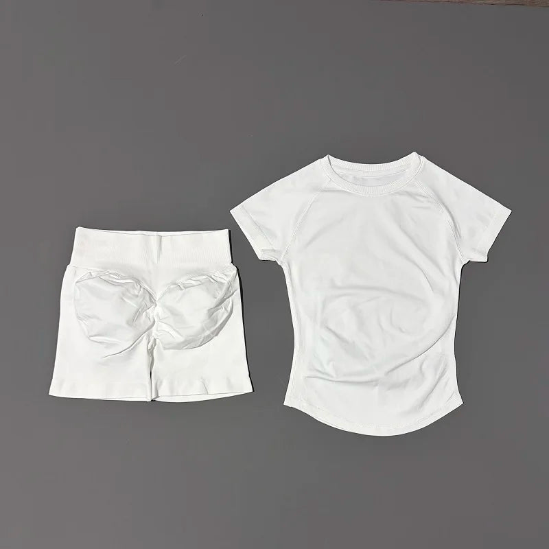 2 Pieces Impact Sports Sets Short Sleeve Seamless Yoga Top Fitness Set Women Workout Running Sports Shorts Gym Suit