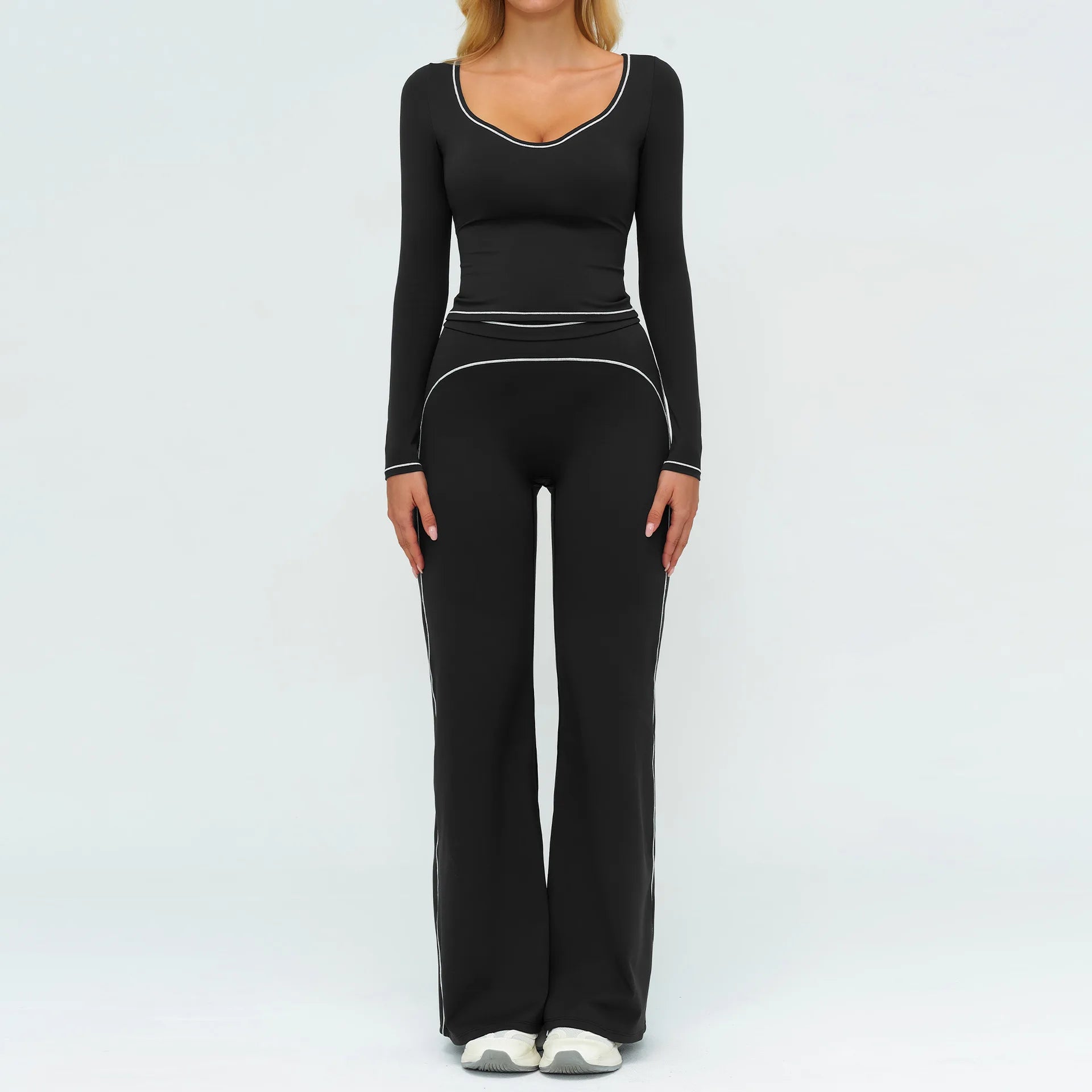 2PCS Yoga Set Gym Fitness Suits Outdoor Sports Outfits Women Tracksuit Sportswear Workout Long Sleeved Flared Pants Gym Clothes