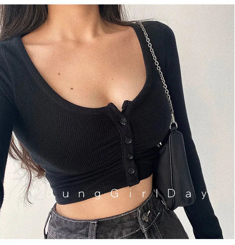 Sexy Hot Girl Tie Dye Long Sleeve T-Shirt Ultra Short Tight Inner Wear Base Shirt Jazz Dancing Black Top Women's Cotton Tee