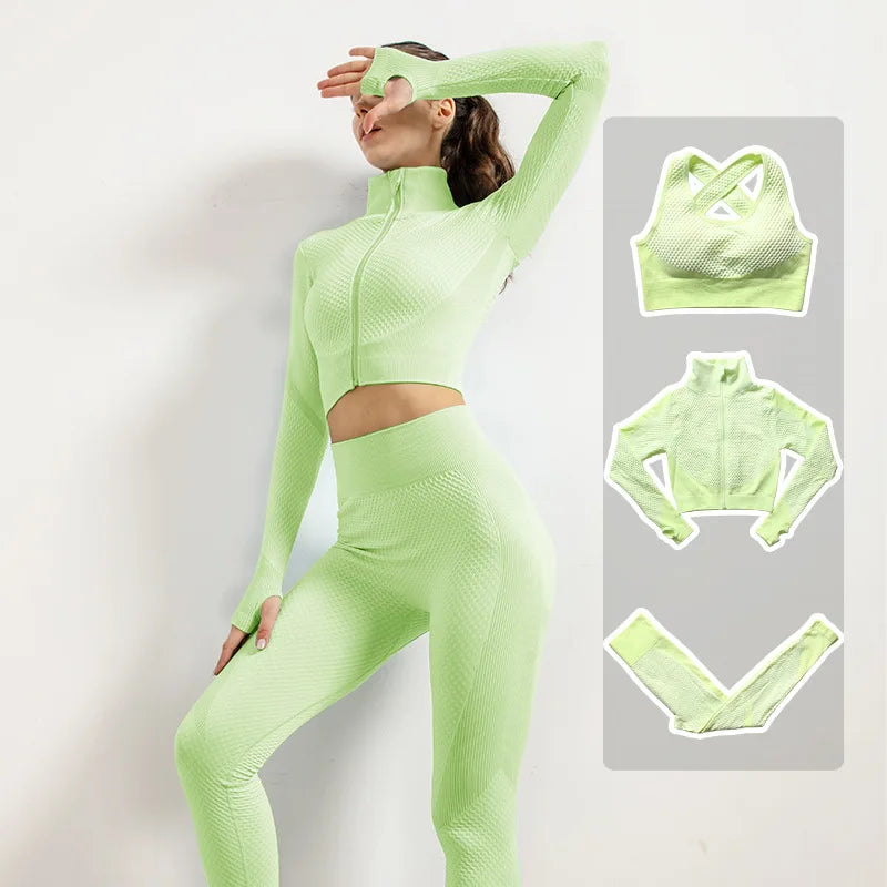 2/3pcs Woman Fitness Sports Yoga Set  Long Sleeves Zipper Jacket Cross Back Bra High Waisted GYM Stretch Leggings Workout Sets