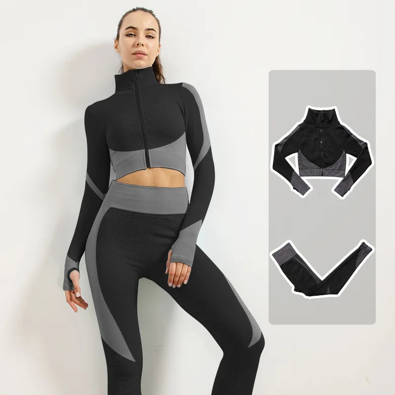 2/3pcs Woman Fitness Sports Yoga Set  Long Sleeves Zipper Jacket Cross Back Bra High Waisted GYM Stretch Leggings Workout Sets