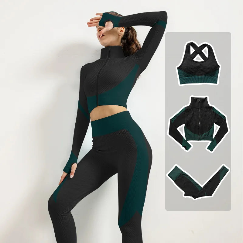 2/3pcs Woman Fitness Sports Yoga Set  Long Sleeves Zipper Jacket Cross Back Bra High Waisted GYM Stretch Leggings Workout Sets