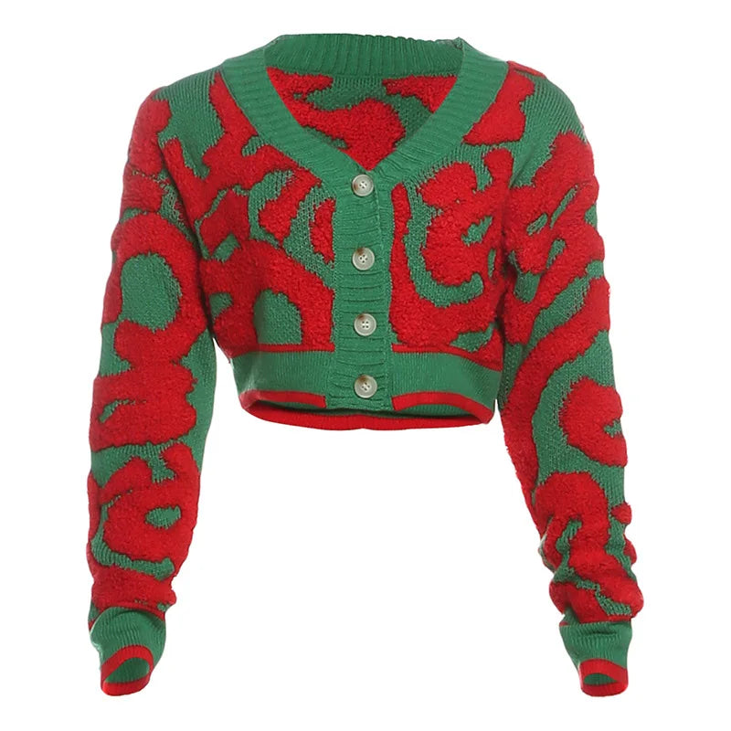 BKLD 2025 Autumn Fashion Y2K Contrasting Cropped Tops V Neck Long Sleeved Single-breasted Sweet Cardigan Women's Casual Knitwear