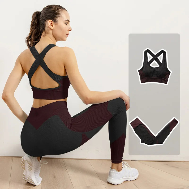 2/3pcs Woman Fitness Sports Yoga Set  Long Sleeves Zipper Jacket Cross Back Bra High Waisted GYM Stretch Leggings Workout Sets