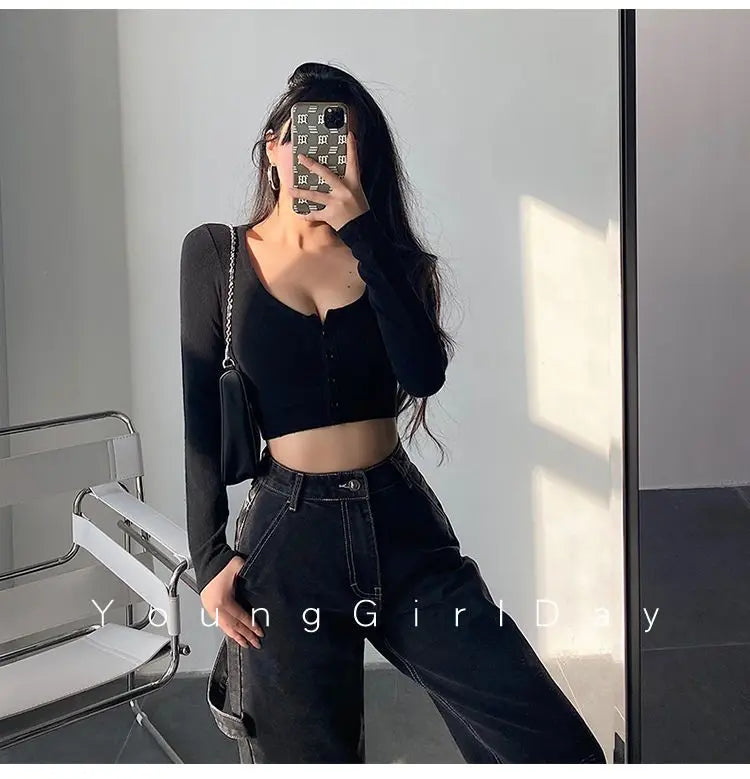 Sexy Hot Girl Tie Dye Long Sleeve T-Shirt Ultra Short Tight Inner Wear Base Shirt Jazz Dancing Black Top Women's Cotton Tee