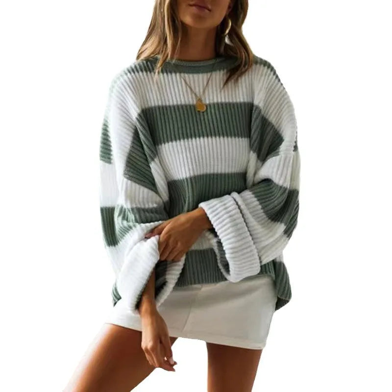 Knitted Sweater For Women 2025 Fashion Autumn And Winter O-Neck Long Sleeve Striped Sweater Loose Fit Comfortable Casual Style
